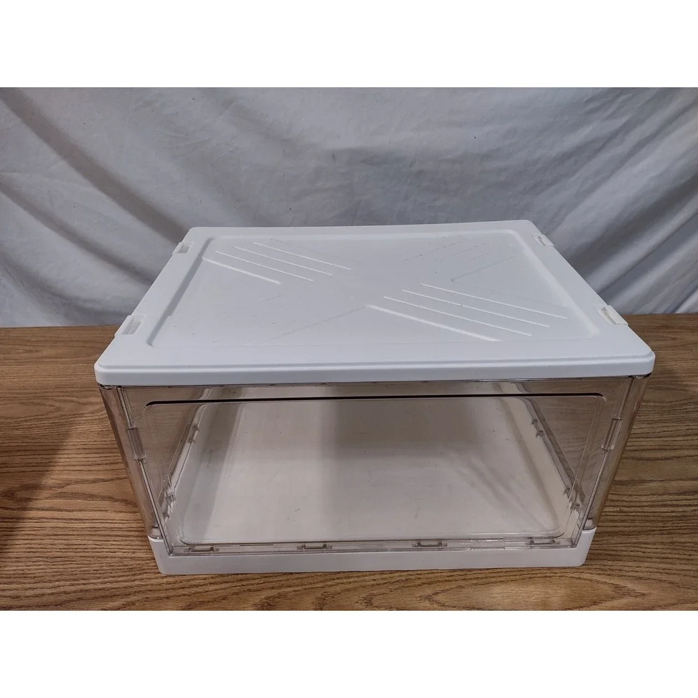Clear Plastic Stackable Shoe Box Storage Container White Trim Drop Front Door